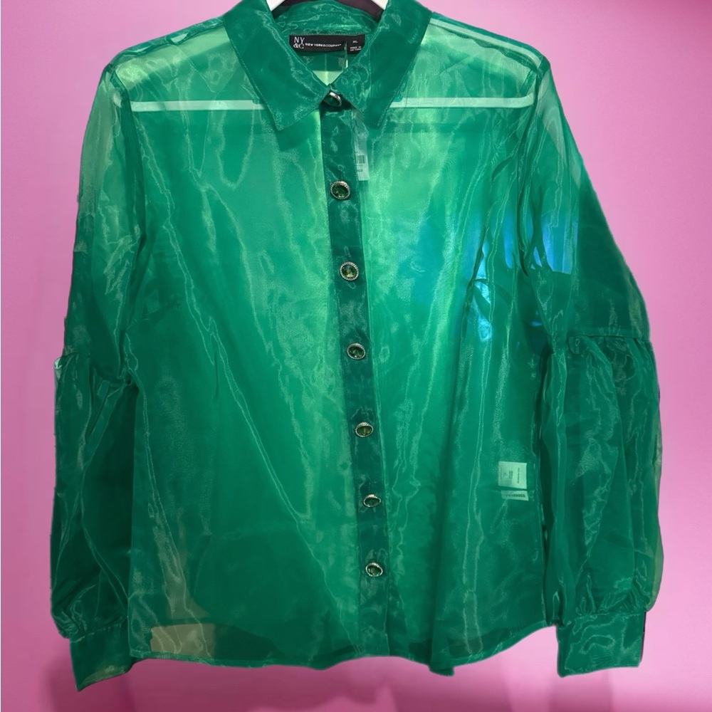 New York & Company Green Sheer Blouse